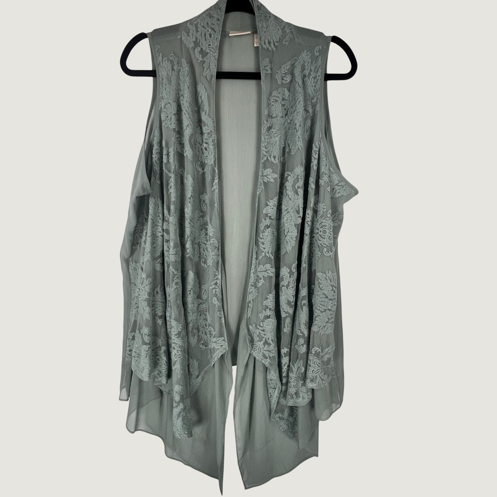 LOGO Lavish Lori Goldstein Womens Sage Green Floral Lace Draped Vest Cardigan XL